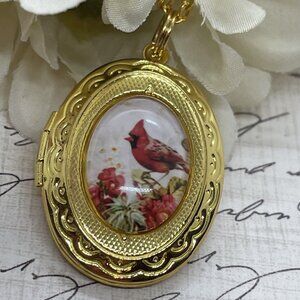 Gold Red Bird Cardinal Memorial Jewelry  Locket Necklace Pendant Wedding spring